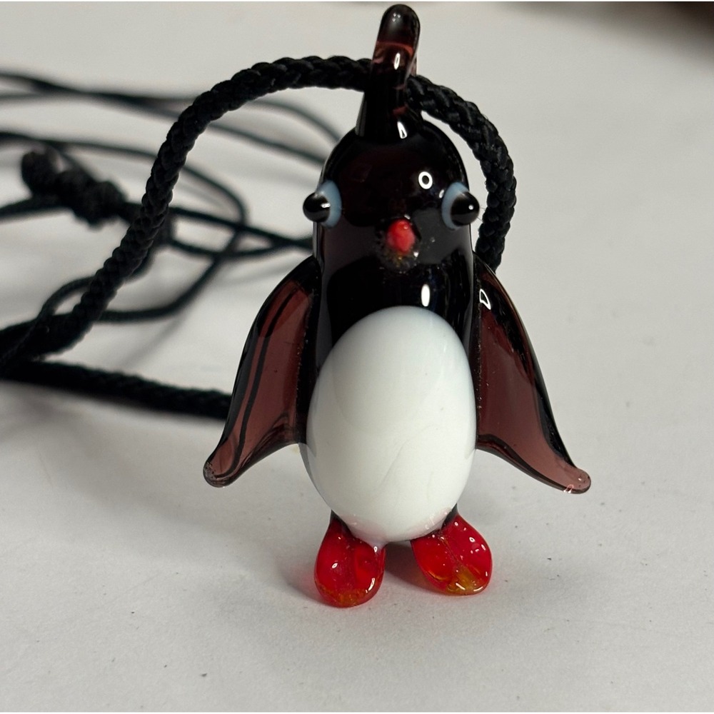 Handmade Lampwork Glass Penguin Pendant Necklace Black Cord Whimsical Jewelry